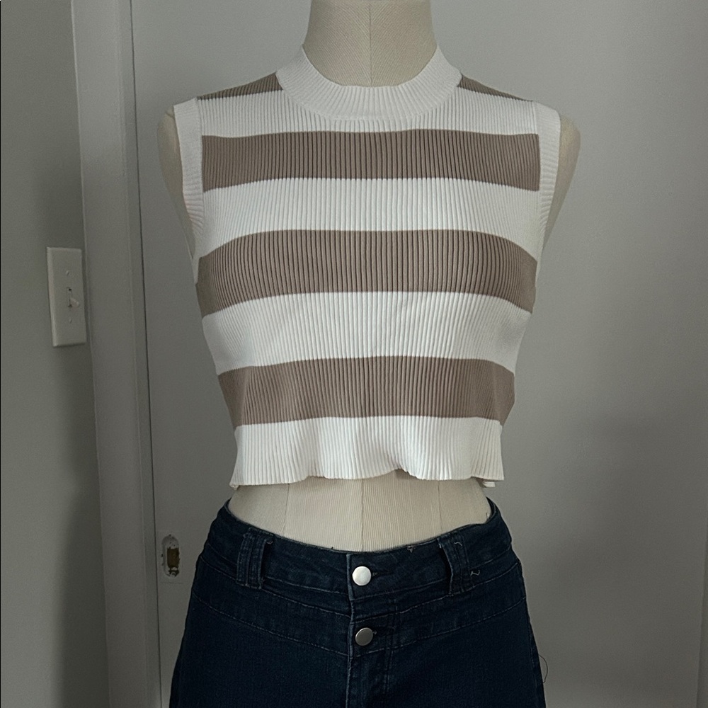 Sincerely Jules White and Tan Ribbed Crop Top